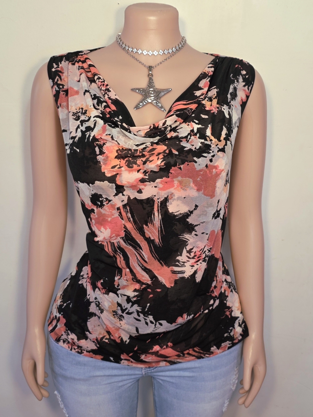 ☆212 Collection Black & Coral Floral Cowl Neck Tank☆